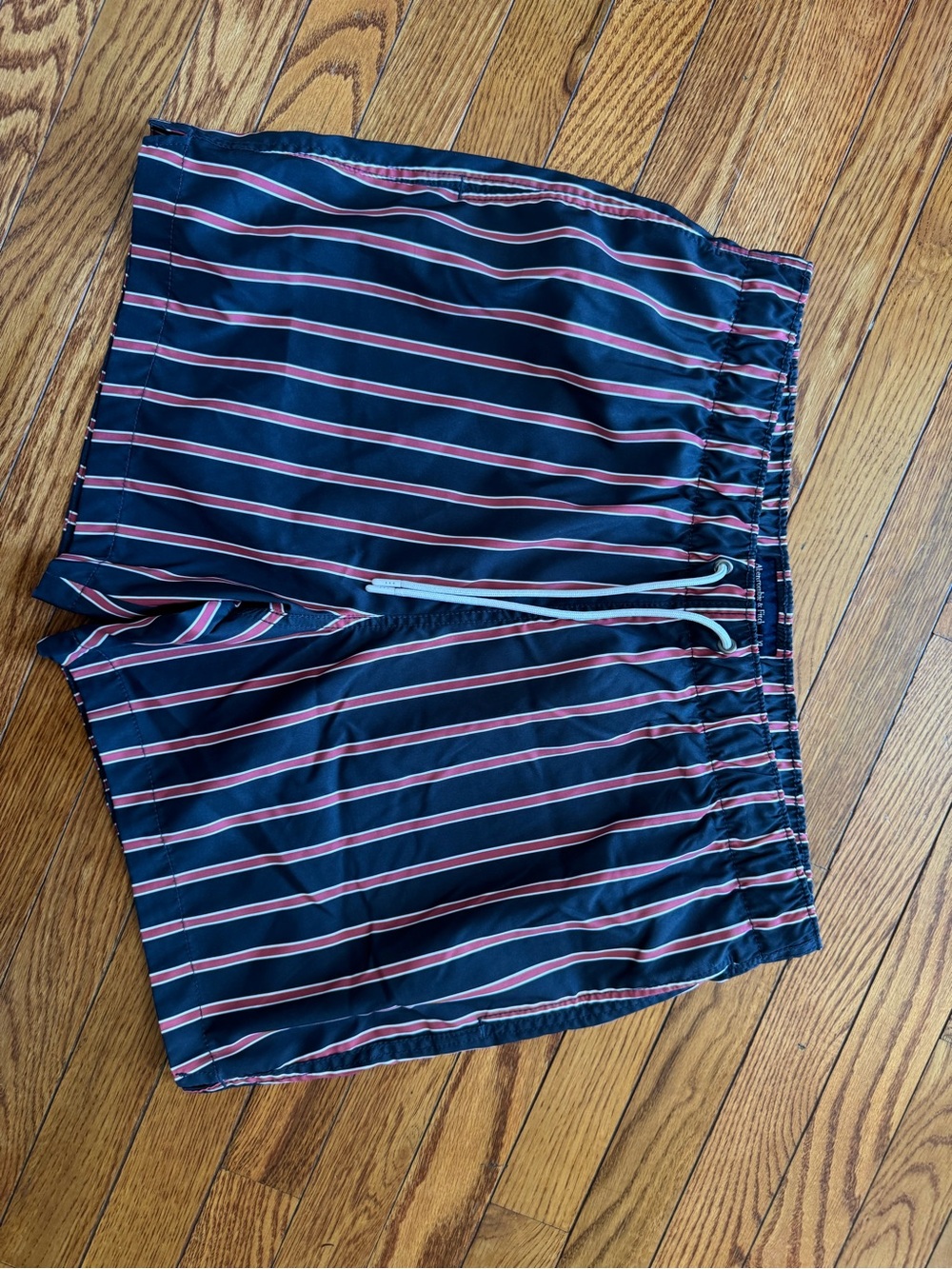 Abercrombie & Fitch Navy Swim Trunks with Pink and White Stripes